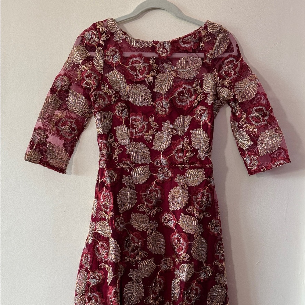 Elegant Burgundy & Gold Embroidered Maxi Dress
